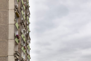 Germany, Mecklenburg-Western Pomerania, Schwerin, Dreesch, prefabricated housing estate, balconies on skyscraper Germany, Mecklenburg-Western Pomerania, Schwerin, Dreesch, prefabricated housing estate, balconies on skyscraper